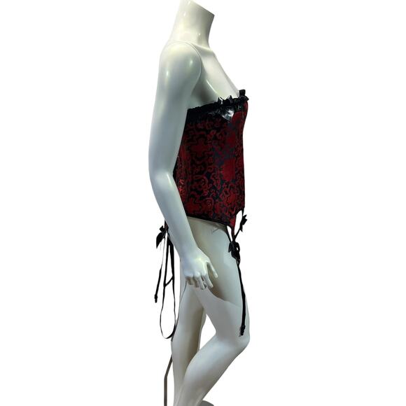 Red & Black Brocade Corset with Garter Straps - Gothic Burlesque Style - Size XL - Picture 4 of 10